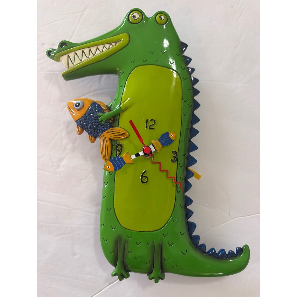 Allen Designs Snappy Crocodile Alligator Fish Pendulum Wall Clock Green Resin